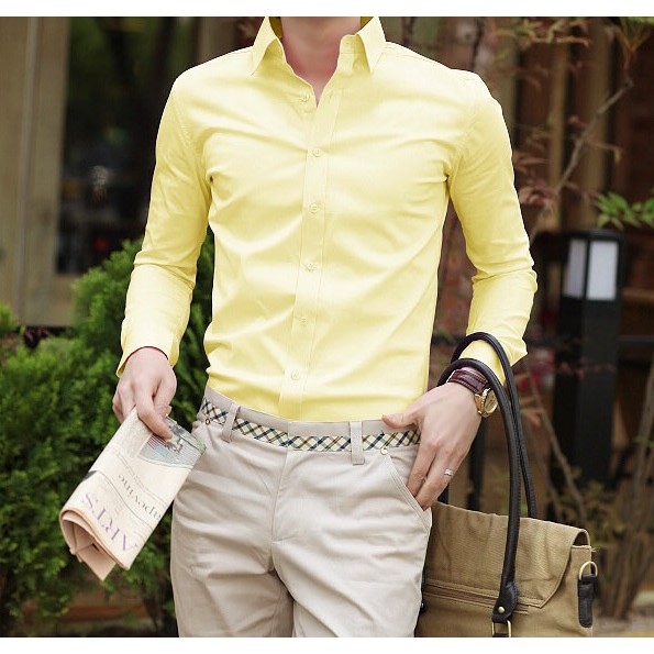 เสื้อเชิ้ตสีเหลืองผู้ชายแขนยาว ผ้าคอตตอนบาง