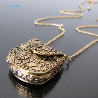 Farfi  Vintage Bag Shape Carved Bronze Locket Pendant Long Chain Sweater Necklace