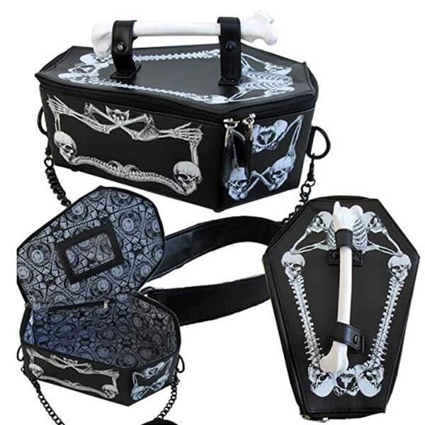 VALICLUD Halloween Coffin Purse Skull Patterns Gothic Bags for Women Halloween Purse and Handbags with Skull Shape Handle Coffin Bag 