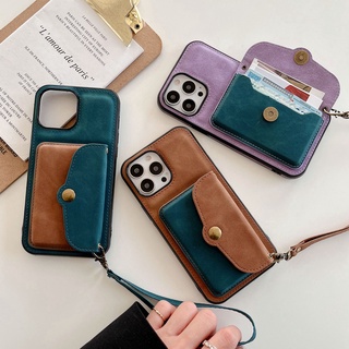 เคสโทรศัพท์หนัง ฝาพับแม่เหล็ก พร้อมช่องใส่บัตร และสายคล้อง หรูหรา สําหรับ iPhone 13 12 11 Pro Max X XR XS 7 8 Plus