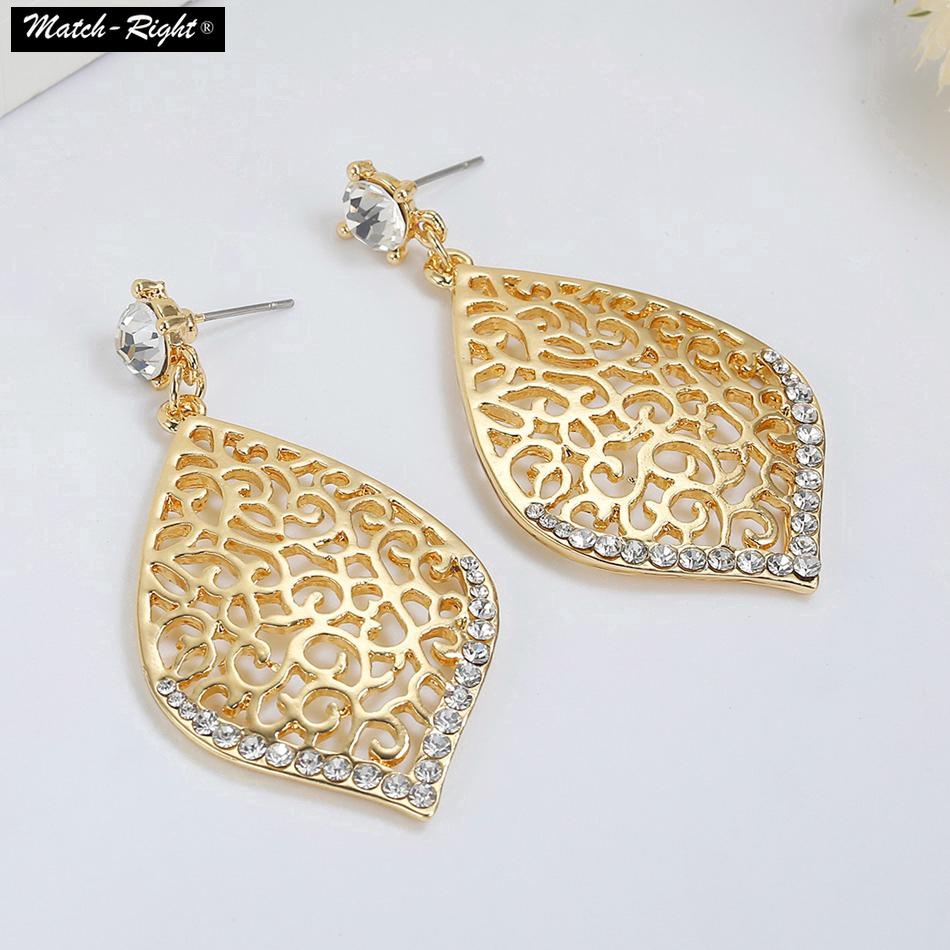 ต่างหูแฟชั่น  ต่างหูแบบติดหูไรน์สโตน Statement Earrings Gold Rhinestone Leaf Retro Earrings