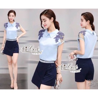  เซตเสื้อคอปกแต่งผ้าไหมแก้ว+กระโปรงกางเกง