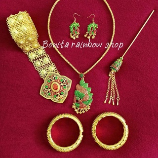 ชุดเซ็ทเครื่องประดับ สีทองลงยา ชุดเซ็ท 7 ชิ้น ลายนกยูง