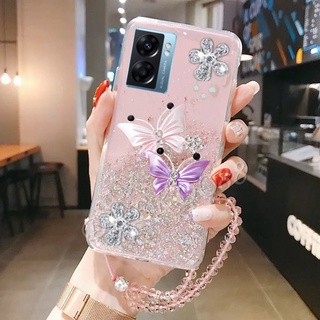 เคสโทรศัพท์ OPPO A77 5G A57 A96 A76 A95 A94 A16 A16K A16e A74 A54 A55 4G เคส Phone Case Cute Two Flying Butterfly Decorated With Hand Strap Rope Cases Glitter Gel Sequins Clear Back Cover เคสโทรศัพท์ oppoA77 oppoA57 Casing