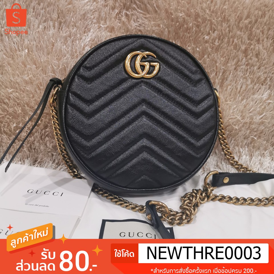 [USED] in very good condition Gucci Black mini GG Marmont round bag ต้นปี 2020 อุปกรณ์ ถุงผ้า การ๋ด