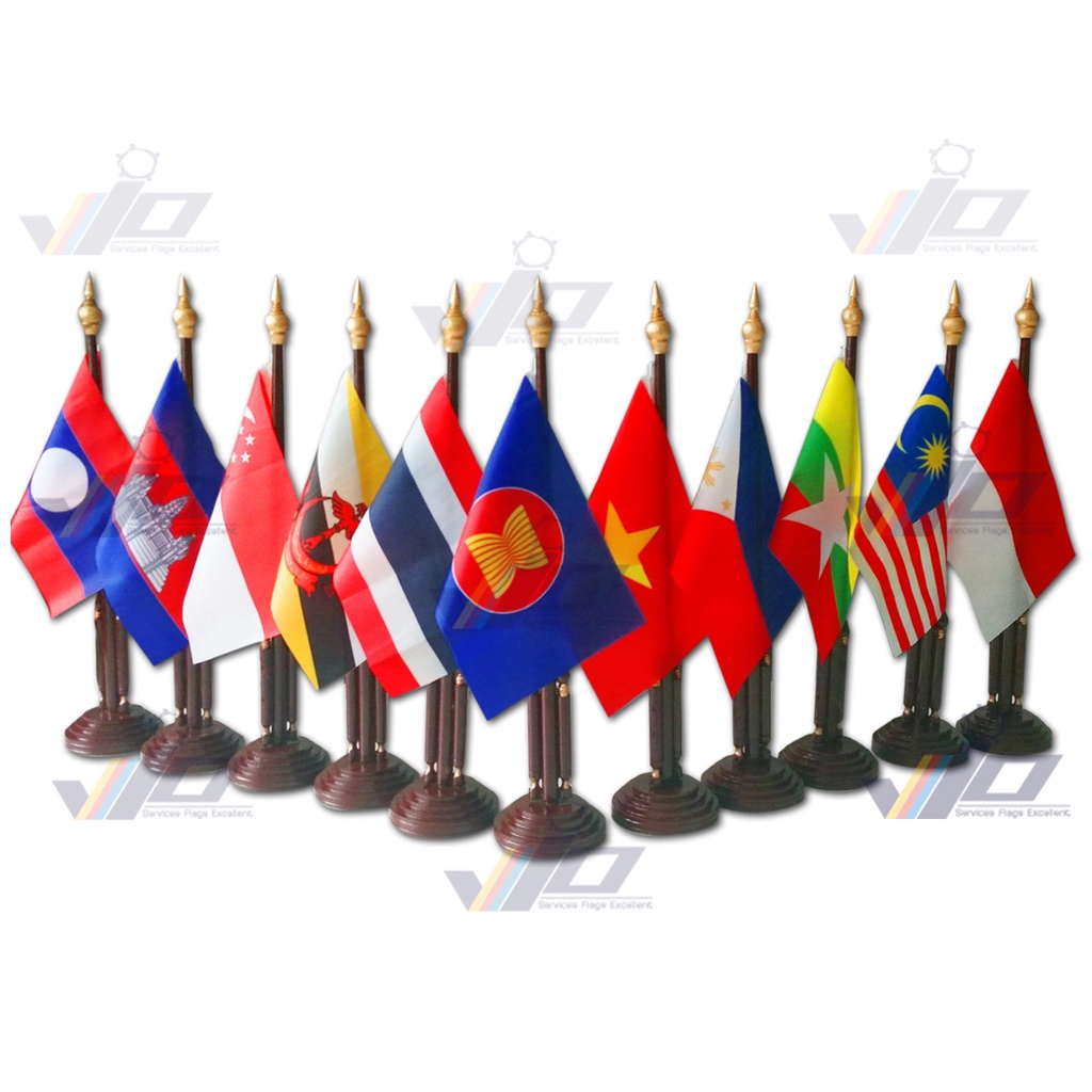 ชุดธงตั้งโต๊ะอาเซียน AEC Flag 11 ผืน สูง 17 นิ้ว ฐานรูปเสาธง | VIO FLAG