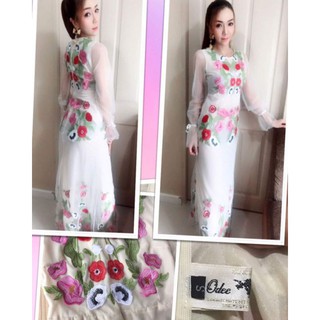 เดรสยาวผ้าตาข่ายปักลายดอกไม้