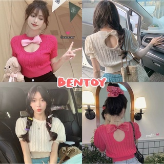 Bentoy(E238)เสื้อครอปไหมพรม แขนสั้น คอกลม ดีเทลเปิดรูแต่งโปว์น่ารัก