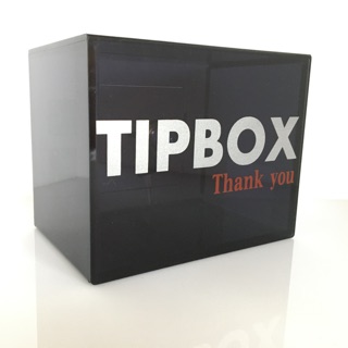 กล่อง Tip Box อะคริลิค สีดำใสเข้ม ตัวหนังสือสกรีน สีเงิน ขนาด 15x12x10cm.