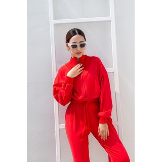 SuperD  เซทชุดวอร์ม จั๊มสูทขายาว พร้อมสายรัด สวมใส่ง่ายAll in One Casual Jumpsuit Code : 9831[Red]