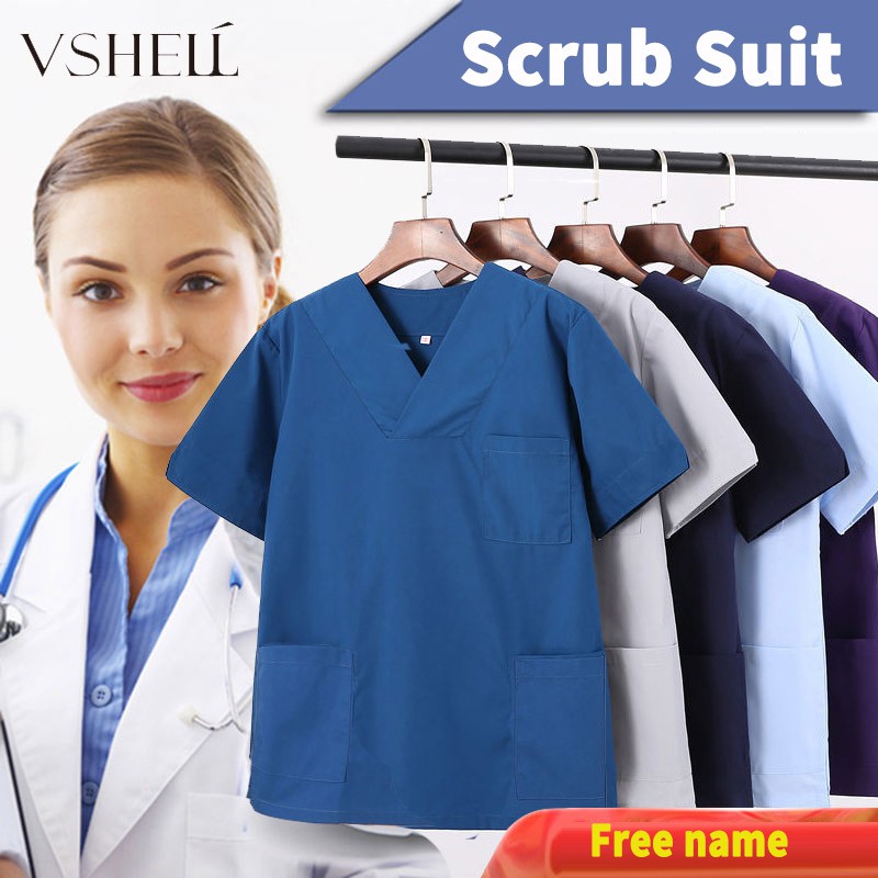 [VSHELL]ชื่อฟรีขัดสูทเสื้อผ้าชุดแพทย์สําหรับผู้ชายและผู้หญิงแขนสั้นเต็มชุดพยาบาลชุดโรงพยาบาลเสื้อผ้าผ่าตัดผ้าฝ้าย