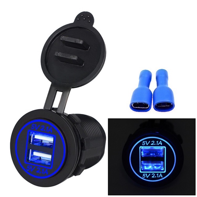 หัวชาร์จ USB แบบ2ช่อง 5V 4.2A ไฟออกช่องละ2.1A+2.1A ไฟสีน้ำเงิน สำหรับติดตั้งในรถยนต์ มอเตอร์ไซค์ รถตู้ รถทัวร์
