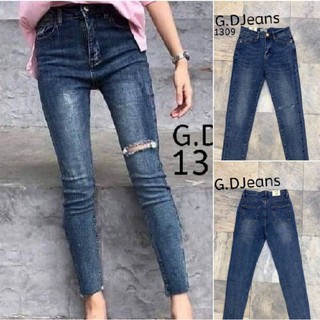 G.D.Jeans รุ่น 1309#กางเกงยีนส์แฟชั่นขายาวผ้ายืดทรงเดฟแต่งขาด