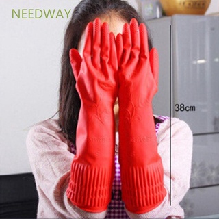 Needway ถุงมือยางแขนยาวสีแดงกันน้ําสําหรับล้างจานทําความสะอาดห้องครัว