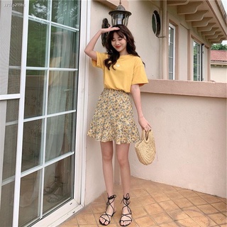 skirtกระโปรง❧Cicishop🌷พร้อมส่ง🌷กระโปรงปริ้นลายดอไม้ 🌷ชายระบาย เอวสม๊อคหลัง มีซับในเป็นกางเกง(8819)