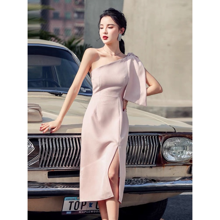 (AC1265) ชุดเดรสกระโปรงผ่าไหล่ แบบสวมหัวแขนกุดมีโบว์ ผ่าข้าง ใส่ได้ทุกงาน