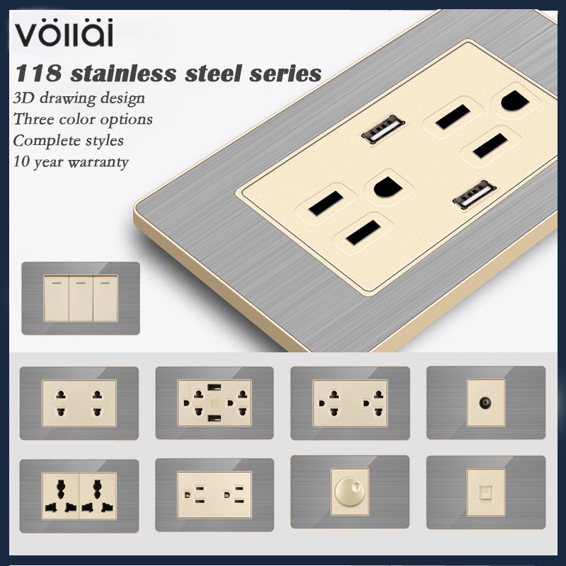 VOLLAI 15amp Wall Outlet ซ็อกเก็ตแผงสวิตช์ไฟสำหรับ House ไฟฟ้าโมเดิร์น1/2/3/4 Gang 1/2 Way สวิทช์ปิด/หลอดไฟ 220V แผงซ็อกเก็ตสวิตช์สแตนเลสสีทอง 3/6 Pin ปลั๊กซ็อกเก็ตอเนกประสงค์กับเต้ารับ USB สวิตช์หรี่ขาตั้งกล้อง