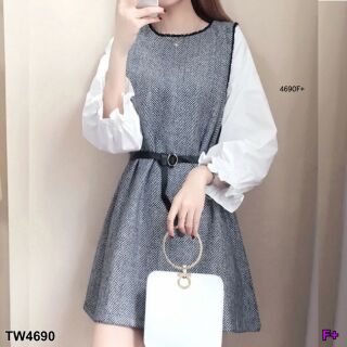 TW4690 เดรส ตัดต่อแขนตุ๊กตา+เข็มขัด **สอบถามก่อนสั่งซื้อ**