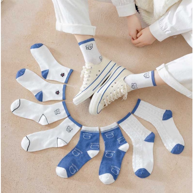 ถุงเท้าข้อกลาง สีฟ้า ลายหมีน้อยน่ารัก แฟชั่นเกาหลี