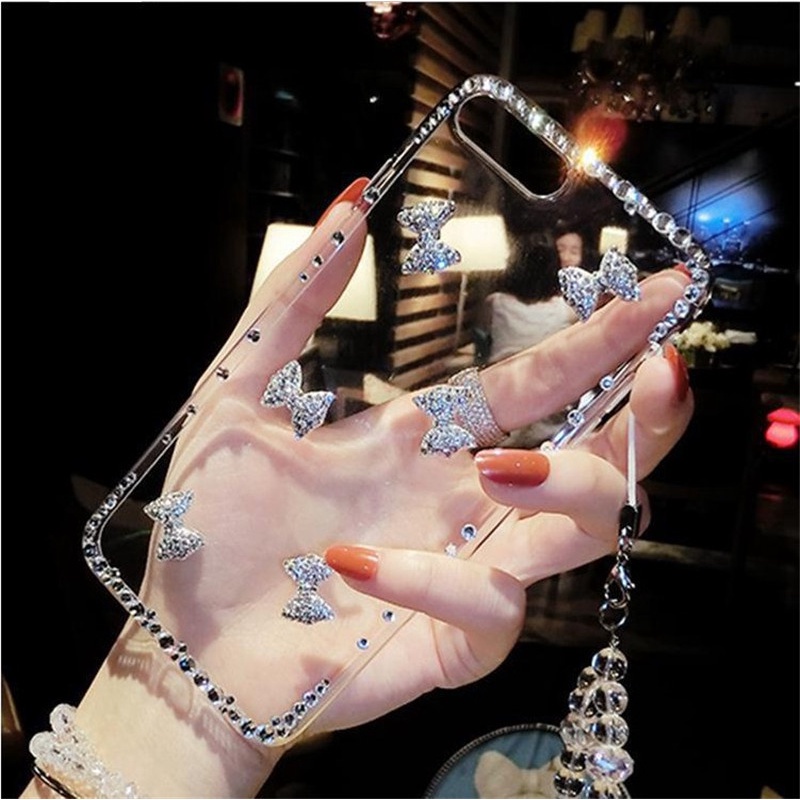 เคสโทรศัพท์มือถือแบบนิ่ม ใส ประดับโบว์ เพชร วิบวับ พร้อมสายคล้อง สําหรับ Samsung S22 Ultra S21 S20 S10 Plus S9 S8 Note 20 10 Lite 9 8 +