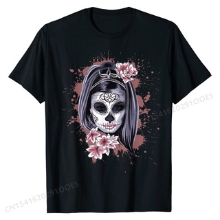 เสื้อยืดโอเวอร์ไซส์La Calavera Catrina เสื้อยืด ผ้าฝ้าย พิมพ์ลายหัวกะโหลก ฮาโลวีน สีแคนดี้ สําหรับผู้ชายS-5XL