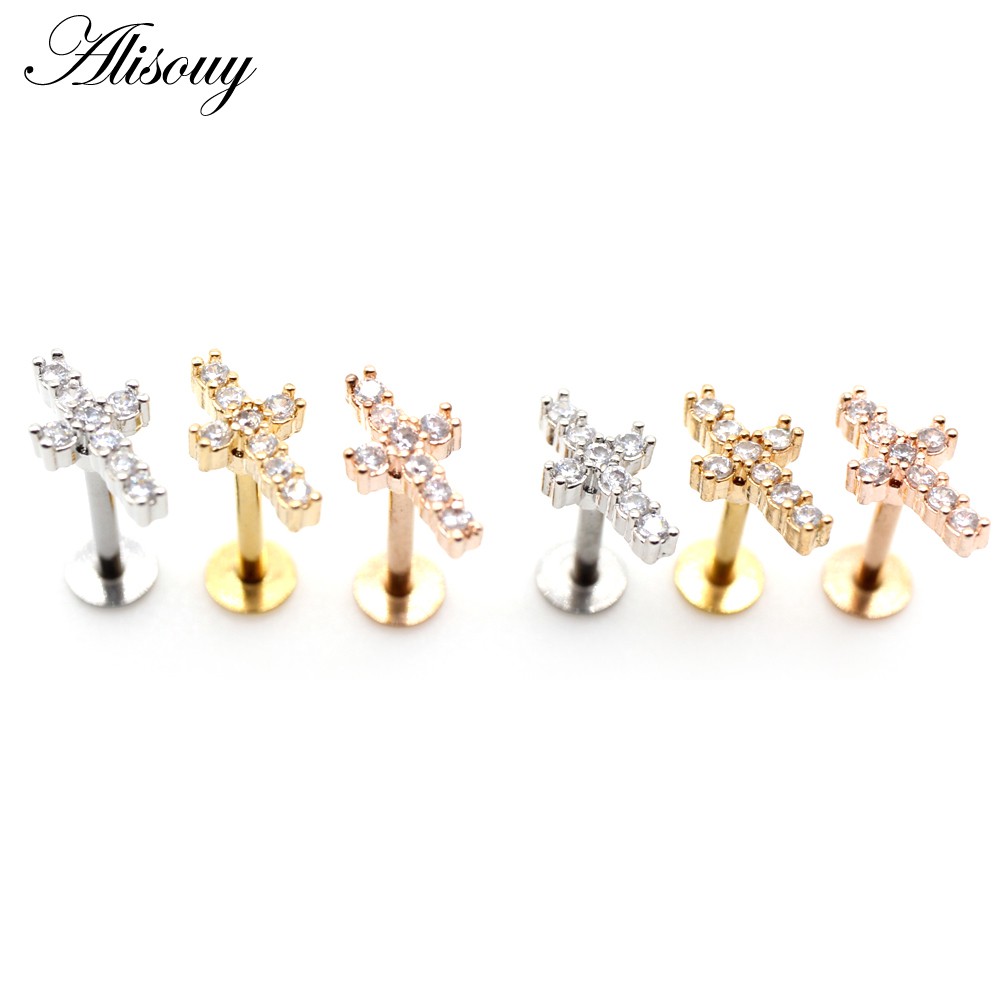 Alisouy 1 PC เหล็กZircon CZ Cross 16G Tragus Helix Labret Lip Barแหวนสตั๊ดกระดูกอ่อนเจาะหูเครื่องประดับสําหรับผู้หญิงผู้ชาย