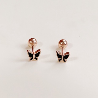 LLRB | ต่างหูเงิน 925 ผีเสื้อสีดำ ก้านโรสโกล Rosegold Piercing Silver925 Black Butterfly