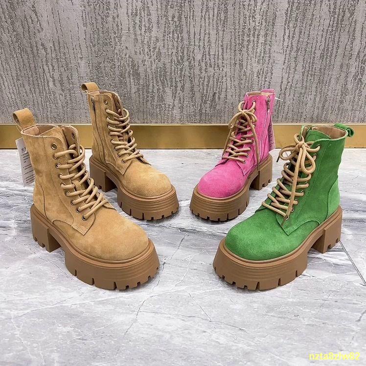 จัดส่งด่วน# หนัง lace-up สั้นรองเท้าบูทผู้หญิง 2022 ใหม่ nubuck หนังหนา-soled muffin รองเท้าบูทรองเท้าส้นสูงกันลื่น Ma