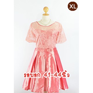 E2244-2-XL-ชุดเดรสคนอ้วน สีส้มอิฐ(โทนสีโอรสอมส้ม) ผ้าลูกไม้และผ้าไหมเทียม มีแขน กระโปรงจับจีบทวีส