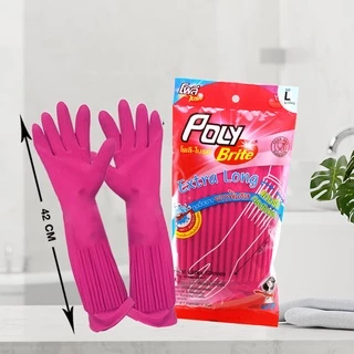 (ยกแพ็ก) Poly-Brite โพลี-ไบรท์ ถุงมือยางธรรมชาติ รุ่น Extra Long สีชมพู Size L ยาวรัดข้อศอก ไม่เปียกแขน (6 คู่/12 คู่)