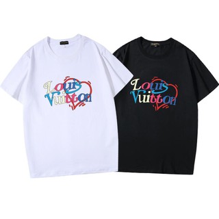 【HOT】LV เสื้อยืดผ้าฝ้ายแขนสั้นพิมพ์ลายแฟชั่น Unisex