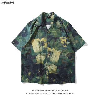 โงกุนมีจิตรกรรมสีน้ํามันย้อนยุคเต็มแขนสั้นพิมพ์เสื้อผู้ชายเสื้อหลวม