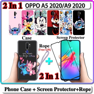 2 IN 1 เคส OPPO A5 2020 A9 2020 เคส พร้อมกระจกนิรภัยโค้ง ป้องกันหน้าจอเซรามิค สติทช์ และมินนี่