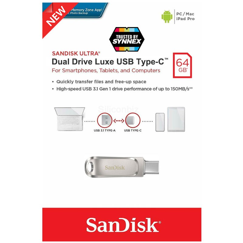 SanDisk Ultra® Dual Drive Luxe USB Type-C 64GB (SDDDC4-064G-G46)แฟลชไดรฟ์ ไดร์ฟ OTG สำหรับโทรศัพท์ แทปเลท Tabet iPad Pro