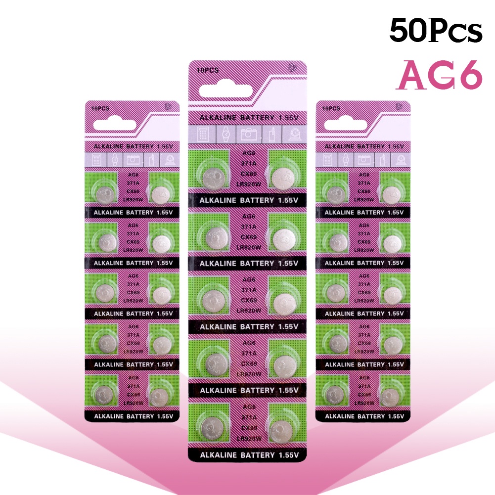 YCDC Button Battery 50pcs AG6 Alkaline Batteries SR290SW SR920SW V371 D371 LR920SW LR921 SG6 SR69 SB