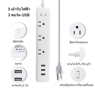 รางปลั๊กไฟอัจฉริยะสากล 1.8 ม. รูมาตรฐานอเมริกันพร้อมช่องจ่ายไฟ AC 3 ช่องและพอร์ตชาร์จ USB 3 พอร์ต US Charger Plug