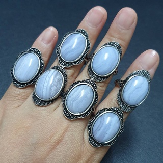 แหวนหินบลูเลซอาเกตทรงรี Blue Lace Agate ฟรีไซส์