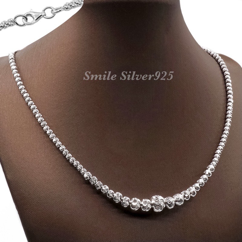 สร้อยคอชุบโรเดียม เม็ด Beads Italy ตัดลาย SS(สังวาล) ขนาด 3,4,5,6,7,8mm.