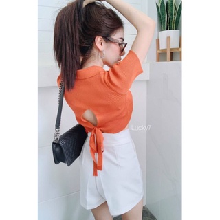 เสื้อครอป โปโล มีโบว์ ผูกหลัง เว้านิดๆ