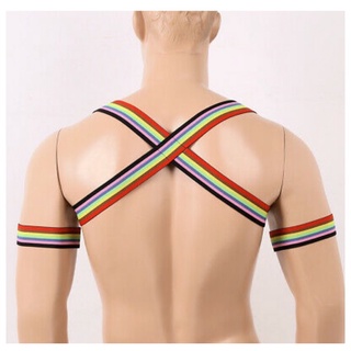 Men Rainbow Stripe Elastic Shoulder Chest Muscle Harness Belt W/Armband Clubwear