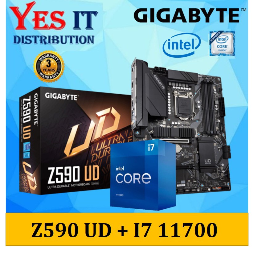 เมนบอร์ด GIGABYTE Z590 UD ซ็อกเก็ต LGA1200 + Intel Core i7-11700 16M แคชสูงสุด 4.90 GHz โปรเซสเซอร์