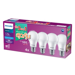 🔥ยอดนิยม!! [3 แถม 1 ฟรี] PHILIPS หลอดไฟ LED รุ่น LED Bulb E27 กำลัง 12 วัตต์ Cool Daylight 🚚พิเศษ!!✅