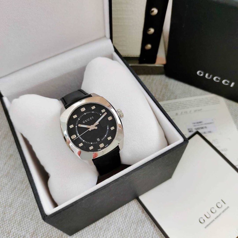 👑ผ่อน0%~แท้100%👑 41มิล GUCCI GG2570 Black Dial Men's Watch YA142307 ขอบเงิน