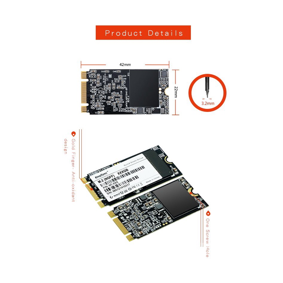 SSD KingSpec M.2 SATA 2To, Format NGFF 2242, Noir, Neuf
