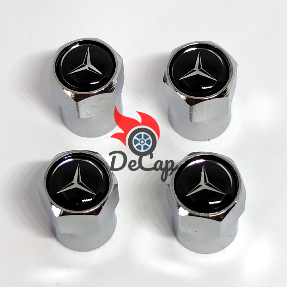 จุกลม ยางรถยนต์ พร้อมโลโก้ เบนซ์ Mercedes Benz 1 ชุด (4 อัน) - Car Tire Valve Caps (สีดำ)