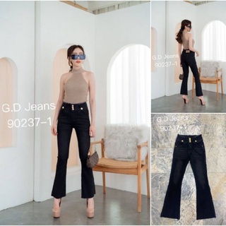 G.D.Jeans รุ่น 90237-1#กางเกงยีนส์แฟชั่นขายาวผ้ายืดสีดำฟอกเอวสูงขาม้าติดกระดุมทองพร้อมแต่งเอวขุย