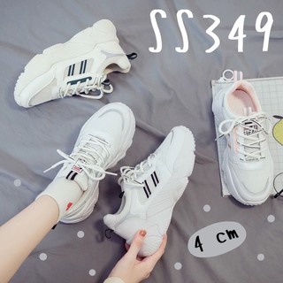 SS349 รองเท้าผ้าใบเกาหลีส้นตึกทรงสปอร์ต ดีเทลสองแถบ สีขาว/ครีม/ชมพู