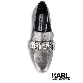 แท้💯% [ช้อปอเมริกา/เช็คใบเสร็จได้] Karl Lagerfeld Paris Nyra Embellished Metallic Leather Loafers