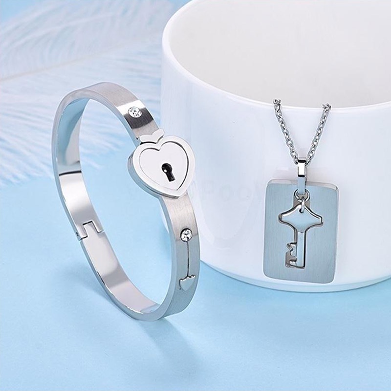 Valentine's Day Love Heart Lock Key Pendant Necklace Stainless Steel Bracelets & Bangles Set