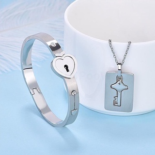 Valentines Day Love Heart Lock Key Pendant Necklace Stainless Steel Bracelets &amp; Bangles Set